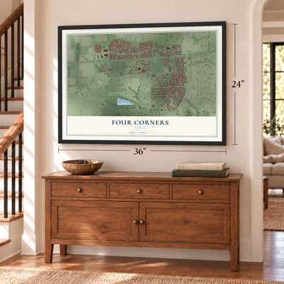 Four Corners, Texas map, 24 x 36 inch print in a black frame above a dresser by a staircase