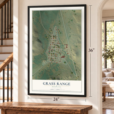 Grass Range, Montana map, 24 x 36 inch print in a black frame by a staircase