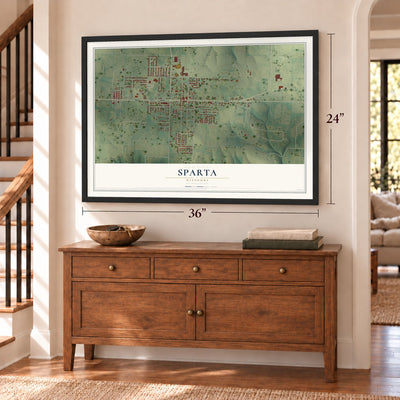 Sparta, Missouri map, 24 x 36 inch print in a black frame above a dresser by a staircase