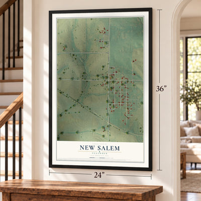 New Salem, Illinois map, 24 x 36 inch print in a black frame by a staircase