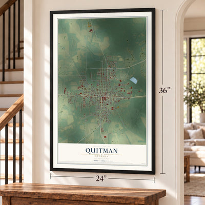 Quitman, Georgia map, 24 x 36 inch print in a black frame by a staircase