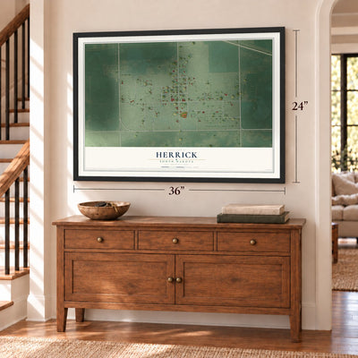 Herrick, South Dakota map, 24 x 36 inch print in a black frame above a dresser by a staircase