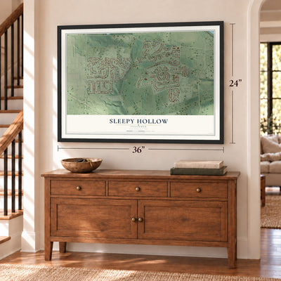 Sleepy Hollow, Illinois map, 24 x 36 inch print in a black frame above a dresser by a staircase