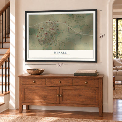 Merkel, Texas map, 24 x 36 inch print in a black frame above a dresser by a staircase
