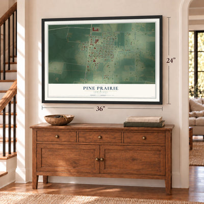 Pine Prairie, Louisiana map, 24 x 36 inch print in a black frame above a dresser by a staircase