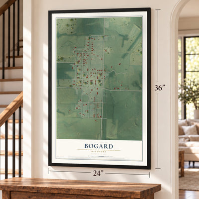 Bogard, Missouri map, 24 x 36 inch print in a black frame by a staircase