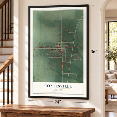 Coatesville, Indiana map, 24 x 36 inch print in a black frame by a staircase