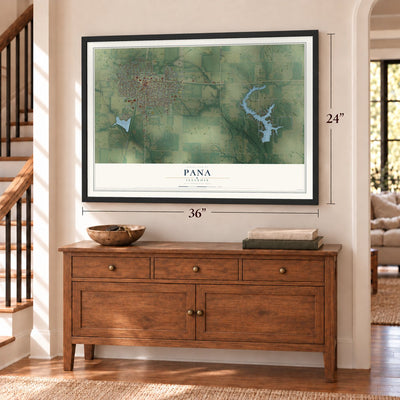 Pana, Illinois map, 24 x 36 inch print in a black frame above a dresser by a staircase