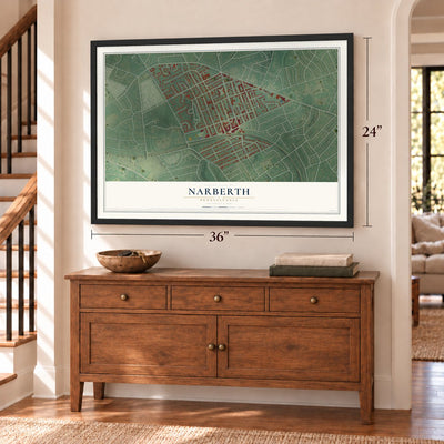 Narberth, Pennsylvania map, 24 x 36 inch print in a black frame above a dresser by a staircase