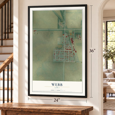 Webb, Iowa map, 24 x 36 inch print in a black frame by a staircase