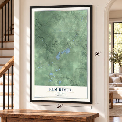 Elm River, Michigan map, 24 x 36 inch print in a black frame by a staircase