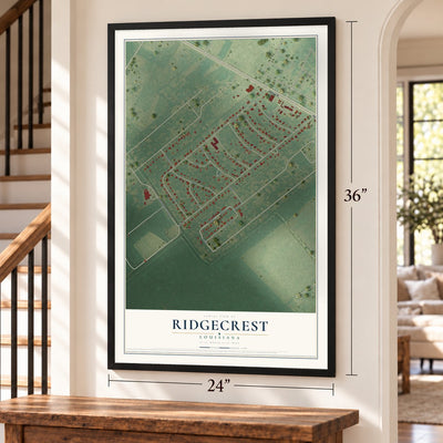 Ridgecrest, Louisiana map, 24 x 36 inch print in a black frame by a staircase