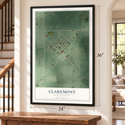 Claremont, South Dakota map, 24 x 36 inch print in a black frame by a staircase