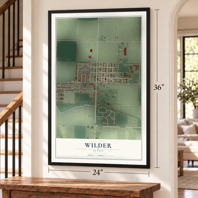 Wilder, Idaho map, 24 x 36 inch print in a black frame by a staircase