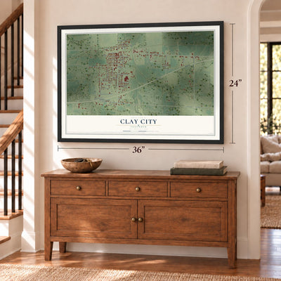 Clay City, Illinois map, 24 x 36 inch print in a black frame above a dresser by a staircase