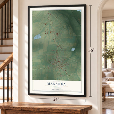Mansura, Louisiana map, 24 x 36 inch print in a black frame by a staircase