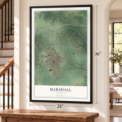 Marshall, Illinois map, 24 x 36 inch print in a black frame by a staircase