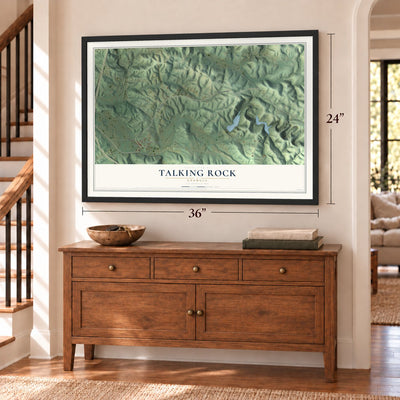 Talking Rock, Georgia map, 24 x 36 inch print in a black frame above a dresser by a staircase