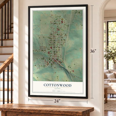 Cottonwood, Idaho map, 24 x 36 inch print in a black frame by a staircase