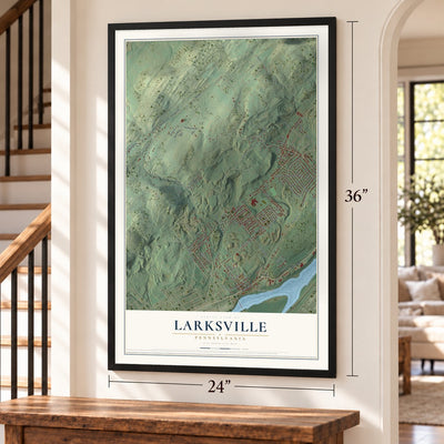 Larksville, Pennsylvania map, 24 x 36 inch print in a black frame by a staircase