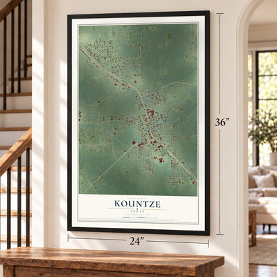 Kountze, Texas map, 24 x 36 inch print in a black frame by a staircase