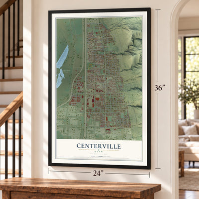 Centerville, Utah map, 24 x 36 inch print in a black frame by a staircase
