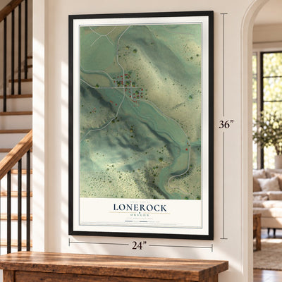 Lonerock, Oregon map, 24 x 36 inch print in a black frame by a staircase