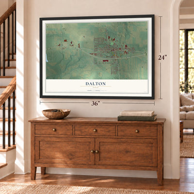 Dalton, Ohio map, 24 x 36 inch print in a black frame above a dresser by a staircase