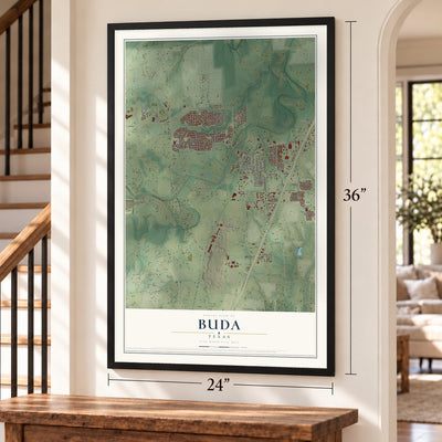 Buda, Texas map, 24 x 36 inch print in a black frame by a staircase