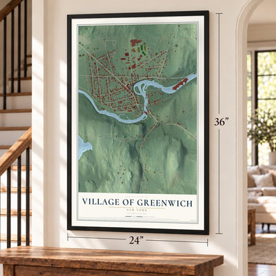 Village of Greenwich, New York map, 24 x 36 inch print in a black frame by a staircase