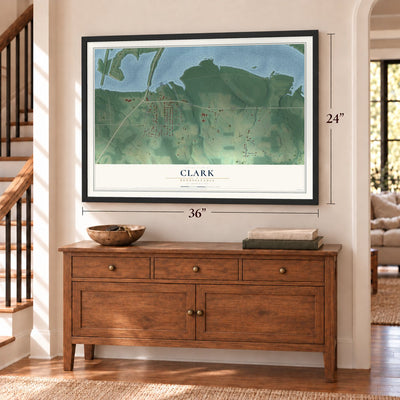 Clark, Pennsylvania map, 24 x 36 inch print in a black frame above a dresser by a staircase