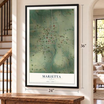 Marietta, Texas map, 24 x 36 inch print in a black frame by a staircase