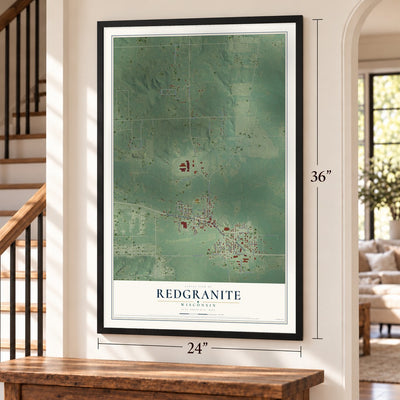 Redgranite, Wisconsin map, 24 x 36 inch print in a black frame by a staircase