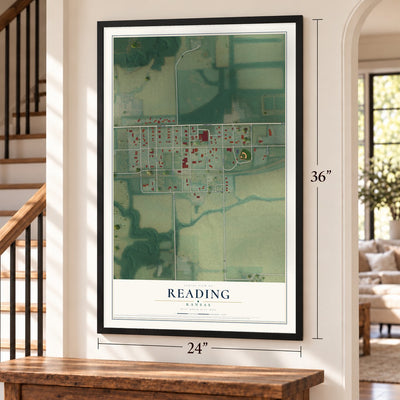 Reading, Kansas map, 24 x 36 inch print in a black frame by a staircase