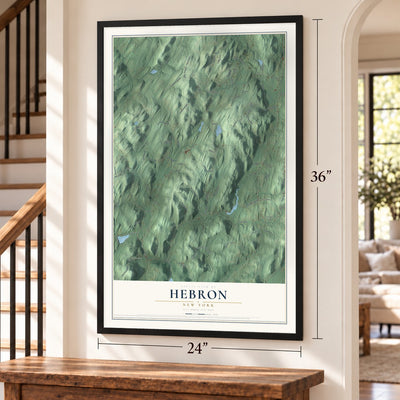 Hebron, New York map, 24 x 36 inch print in a black frame by a staircase