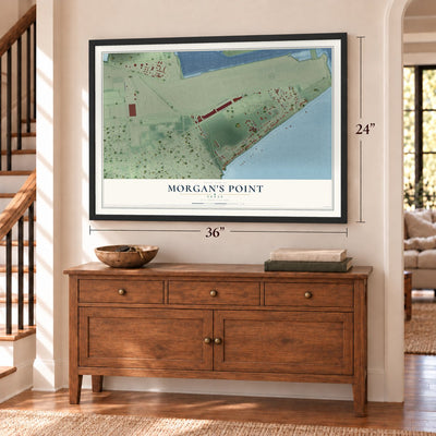 Morgan's Point, Texas map, 24 x 36 inch print in a black frame above a dresser by a staircase