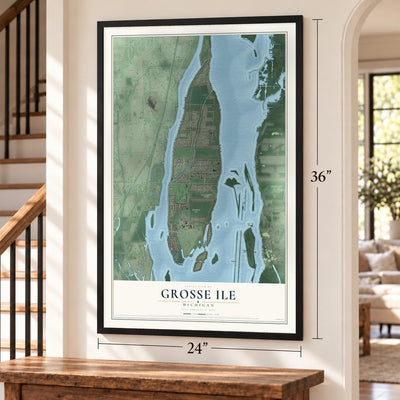 Grosse Ile, Michigan map, 24 x 36 inch print in a black frame by a staircase