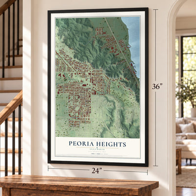 Peoria Heights, Illinois map, 24 x 36 inch print in a black frame by a staircase