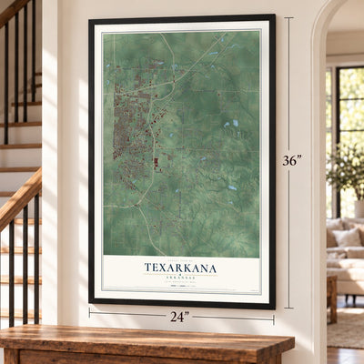 Texarkana, Arkansas map, 24 x 36 inch print in a black frame by a staircase