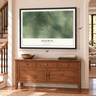 Halfway, Missouri map, 24 x 36 inch print in a black frame above a dresser by a staircase