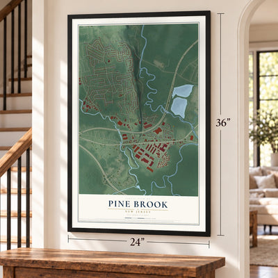 Pine Brook, New Jersey map, 24 x 36 inch print in a black frame by a staircase