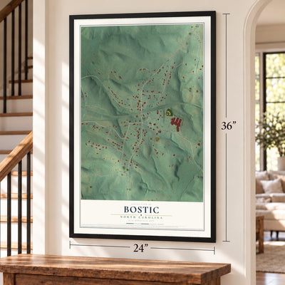 Bostic, North Carolina map, 24 x 36 inch print in a black frame by a staircase