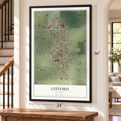 Gifford, Illinois map, 24 x 36 inch print in a black frame by a staircase
