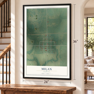 Milan, Kansas map, 24 x 36 inch print in a black frame by a staircase