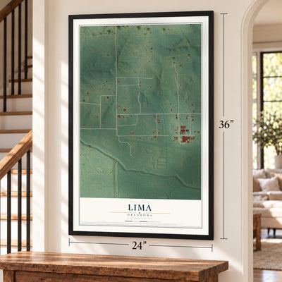 Lima, Oklahoma map, 24 x 36 inch print in a black frame by a staircase