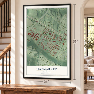 Haymarket, Virginia map, 24 x 36 inch print in a black frame by a staircase
