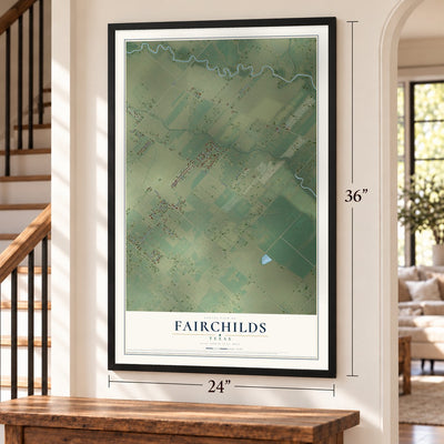 Fairchilds, Texas map, 24 x 36 inch print in a black frame by a staircase