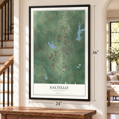 Saltillo, Mississippi map, 24 x 36 inch print in a black frame by a staircase