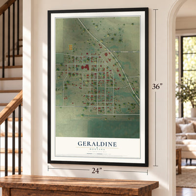 Geraldine, Montana map, 24 x 36 inch print in a black frame by a staircase
