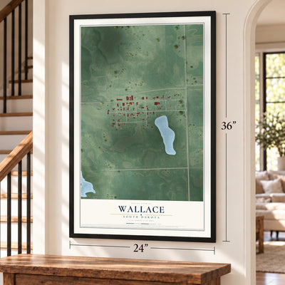 Wallace, South Dakota map, 24 x 36 inch print in a black frame by a staircase